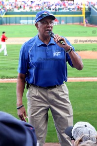 Hall of Famer Fergie Jenkins leads fans during 7th inning stretch at Cubs Park